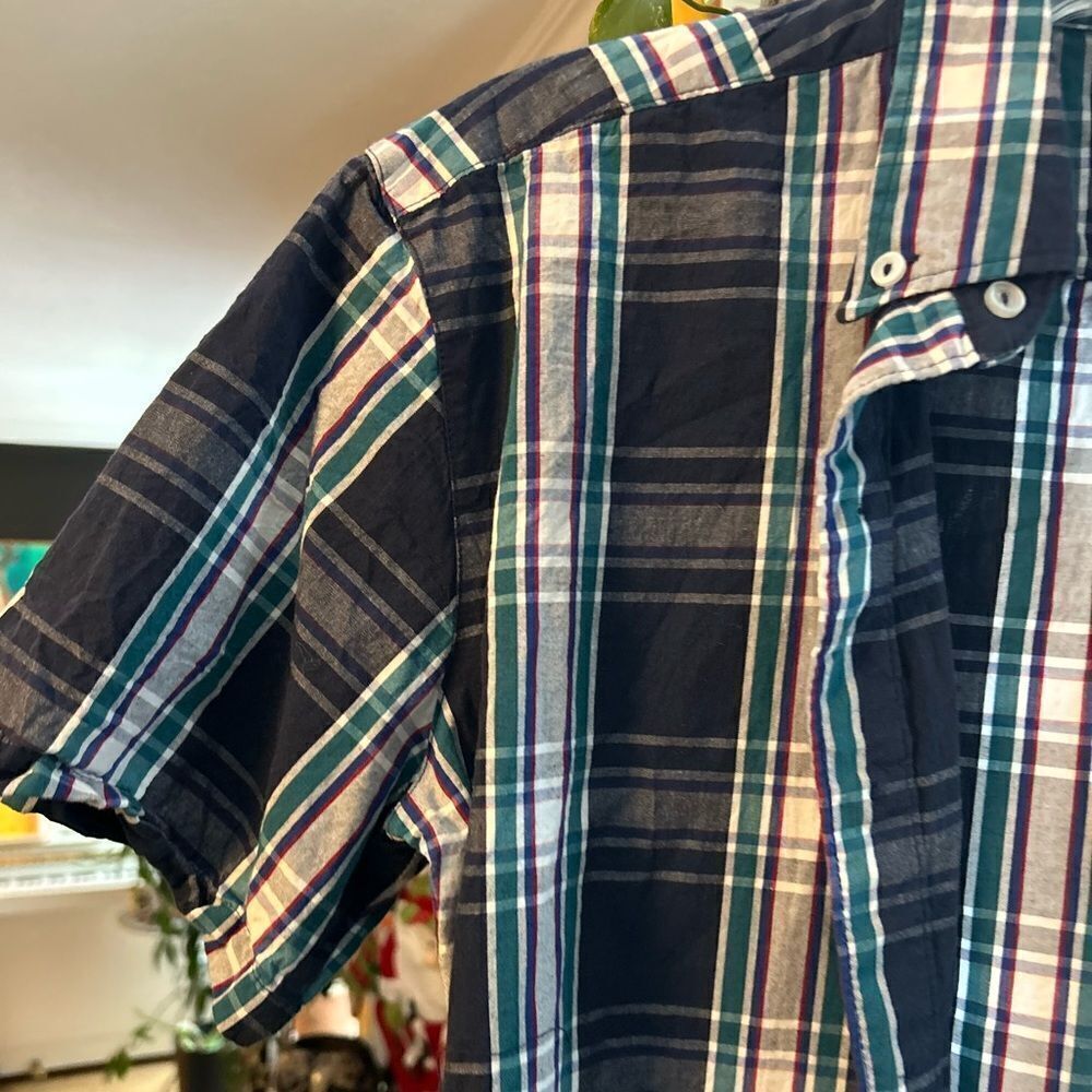 American Apparel Plaid Button Up Shirt Mens Small Blue Green Short Sleeve Cotton - Picture 9 of 16